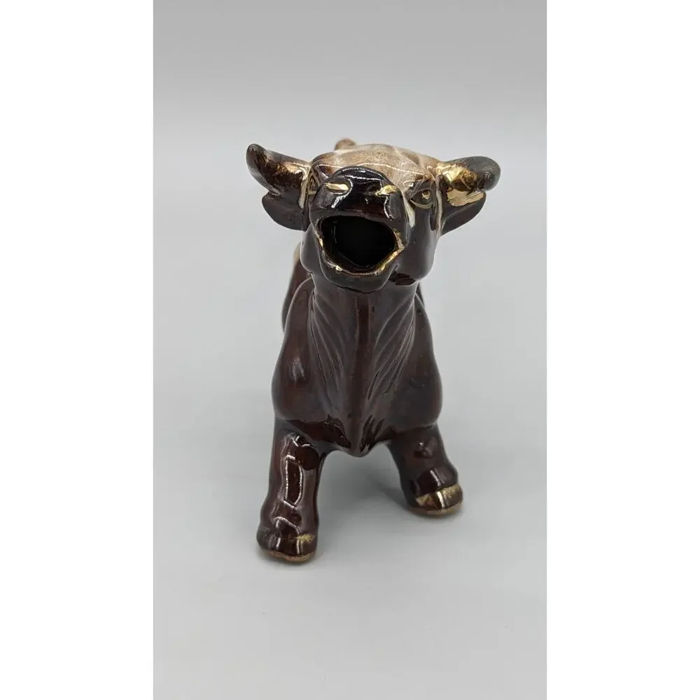 Vintage MCM Stoneware Ceramic Brown & Gold Bull Coffee Creamer Dish 6